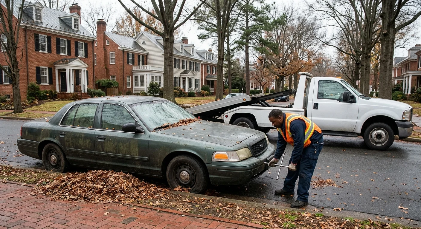 An abandoned sedan with flat tyres at the kerb of a Richmond residential street