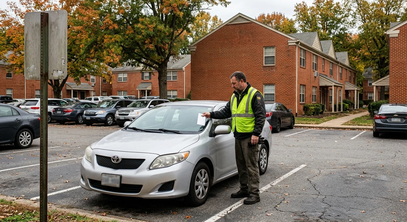 Visitor checks a parking permit beside a sedan at a Richmond apartment lot