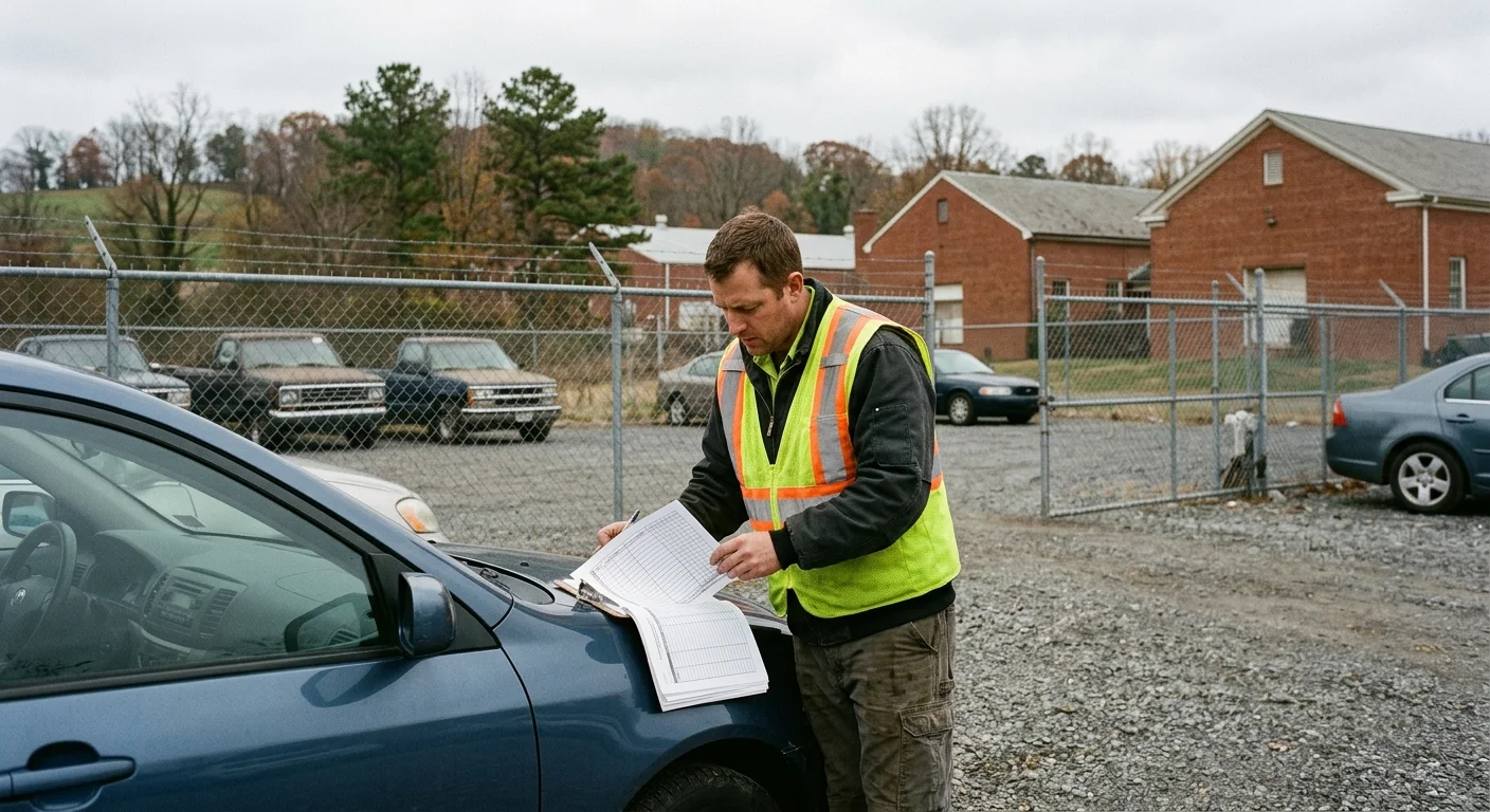 A clipboard with a blank form resting on a car fender inside a Virginia tow lot