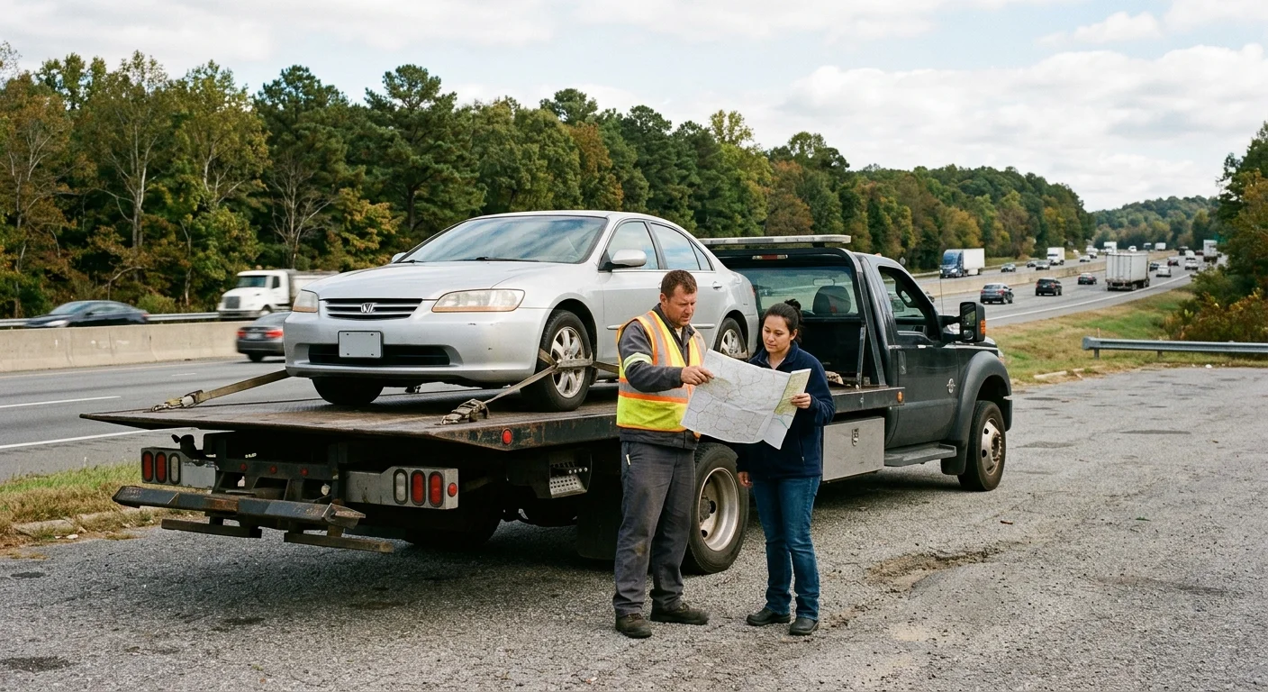 Sedan on an unmarked flatbed near a wooded interstate