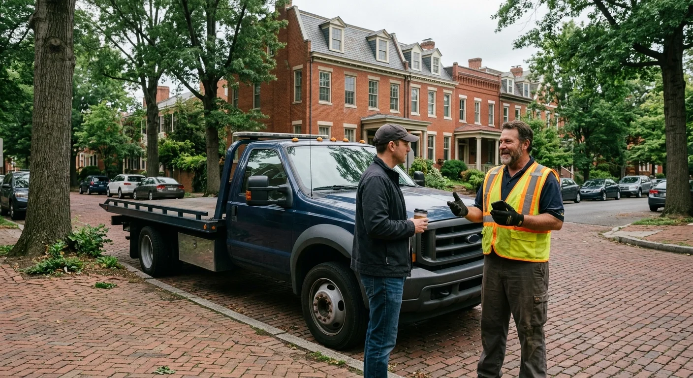 A driver talking with a tow operator beside an unmarked truck on a Richmond street