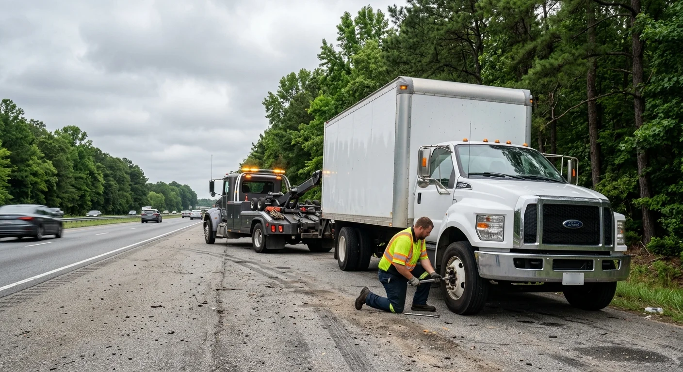 Box truck and recovery vehicle on an I-95 shoulder near Chester, Virginia