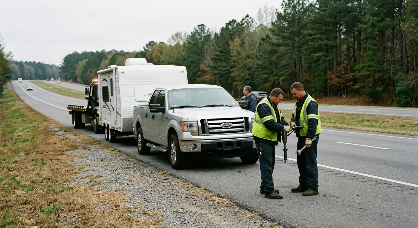 Pickup and travel trailer stopped off a divided road near Colonial Heights