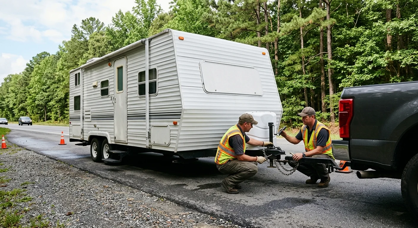 Operator inspecting a travel trailer coupling area in Chester