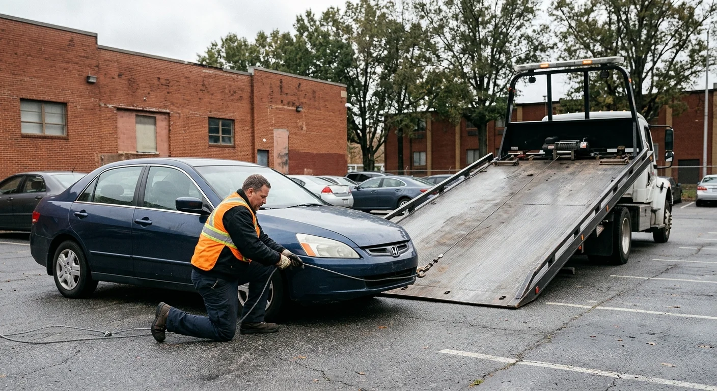 Tow operator winching a disabled sedan onto a tilted flatbed