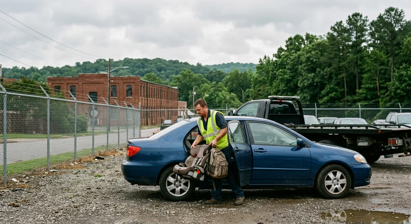 A person retrieving a backpack and car seat from a car inside a Virginia tow lot