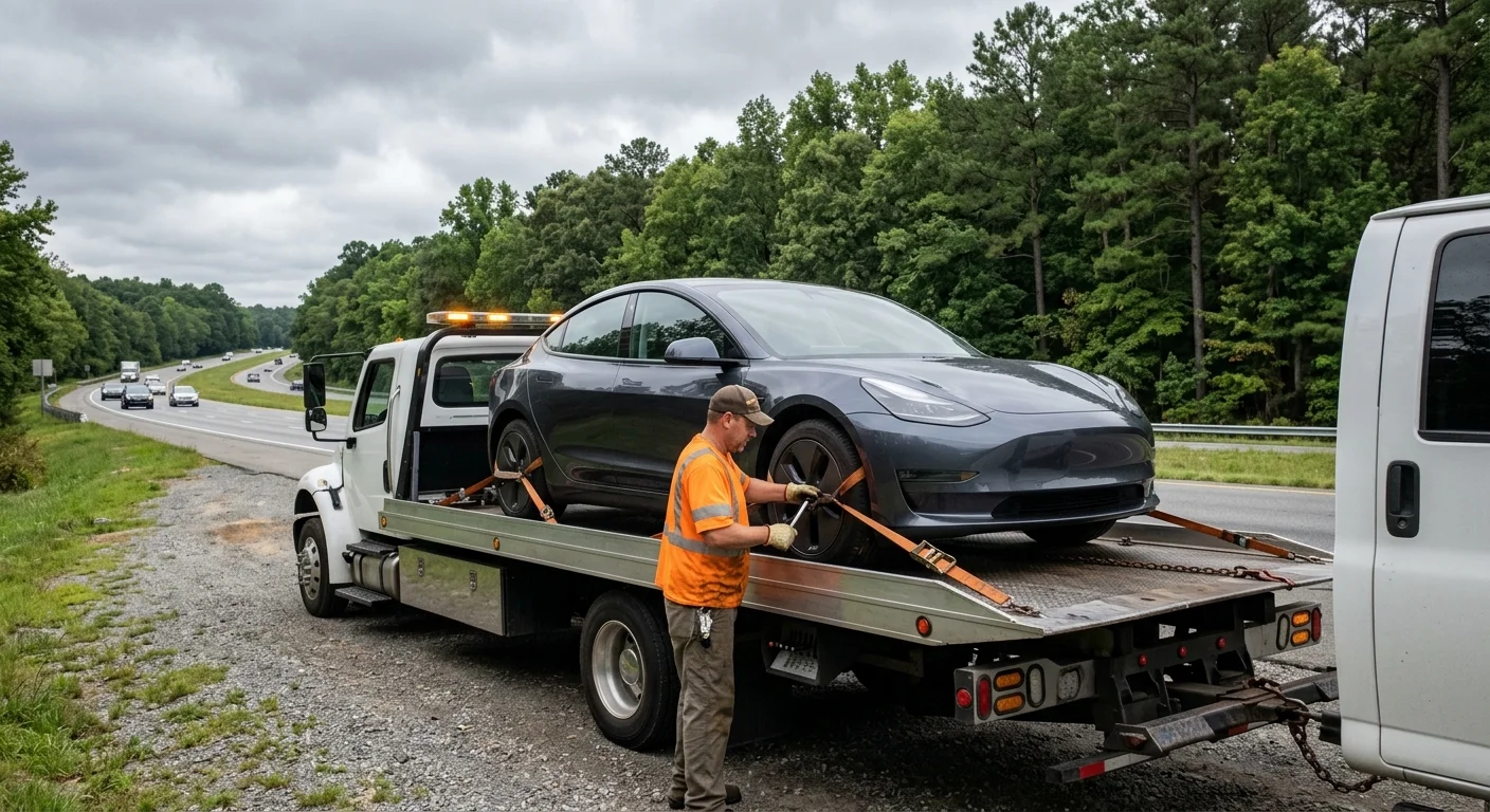 An electric sedan secured flat on a flatbed tow truck deck beside a Virginia interstate