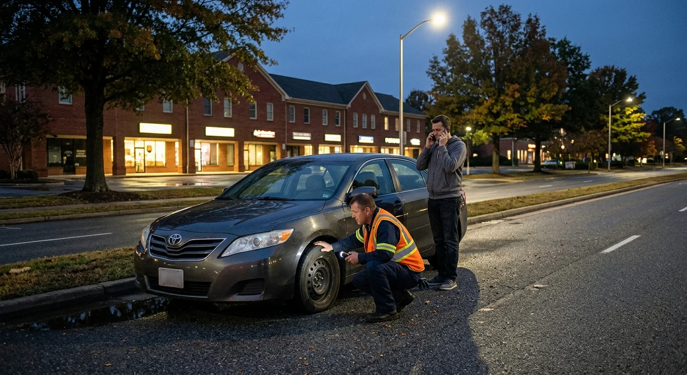 Driver using a phone beside a disabled sedan in Midlothian at night