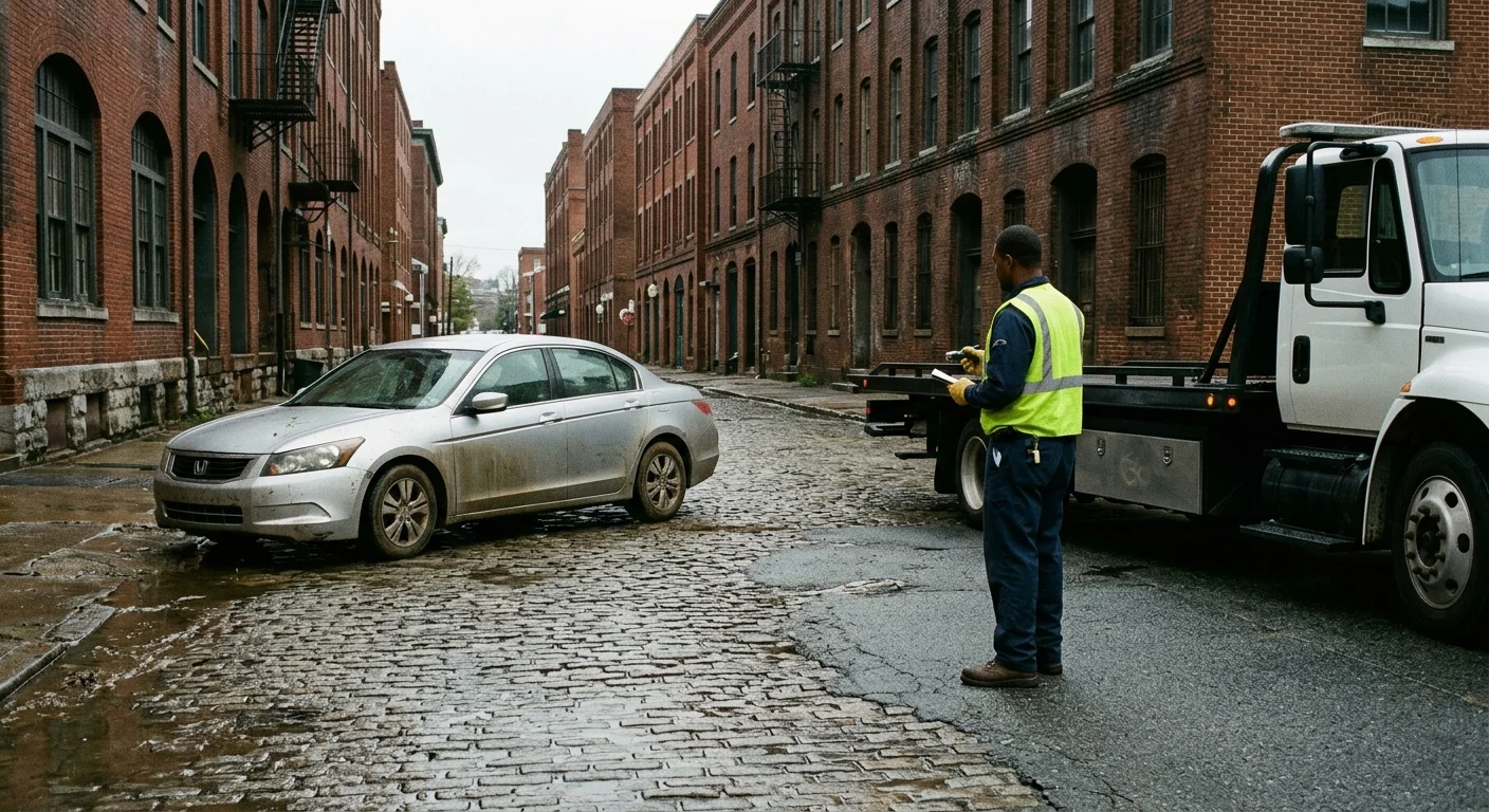 Stalled sedan on a wet Shockoe Bottom street as a flatbed waits on dry pavement