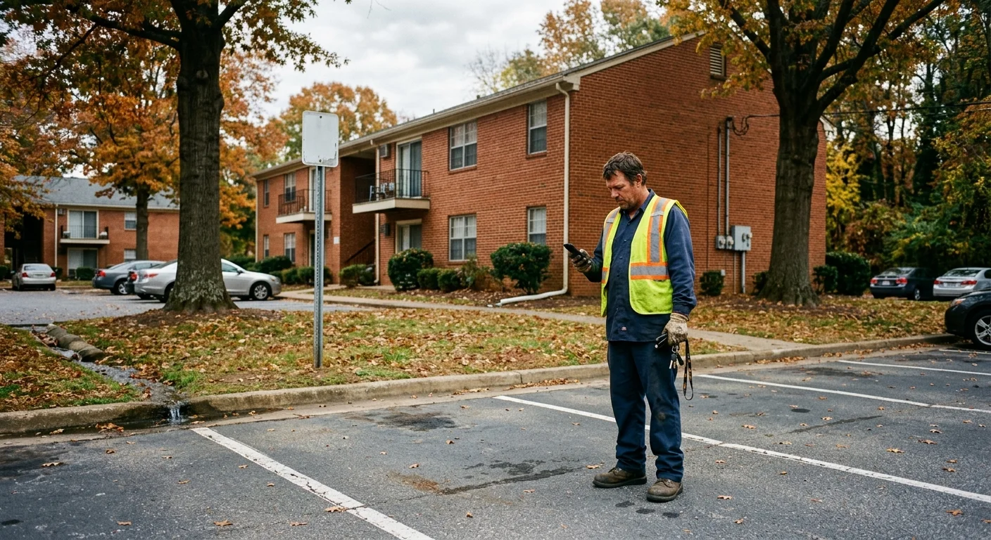Resident checking a phone beside an empty Chesterfield apartment parking space