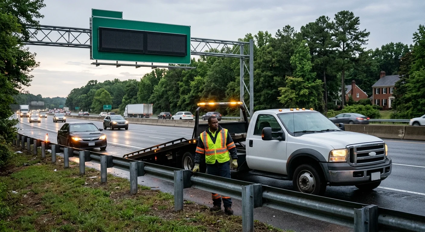 A driver waiting behind the guardrail beside a car with hazard lights on a Virginia interstate shoulder