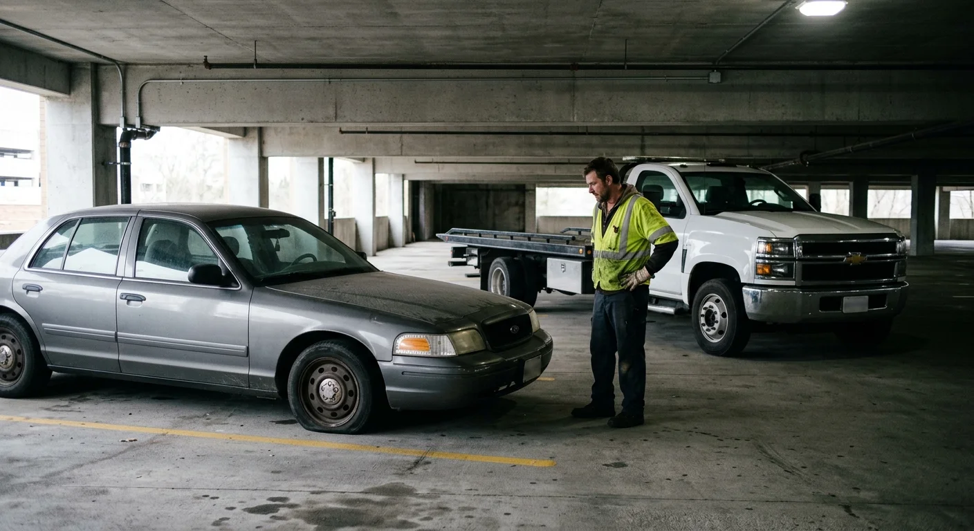 Operator assessing a disabled sedan inside a concrete parking deck