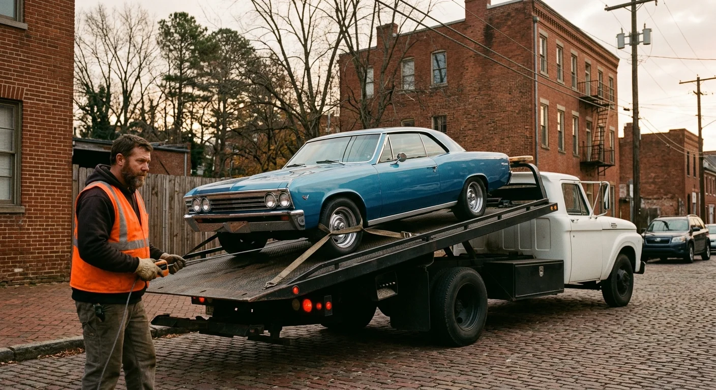 A vintage coupe being winched onto a flatbed deck on a Richmond cobblestone street