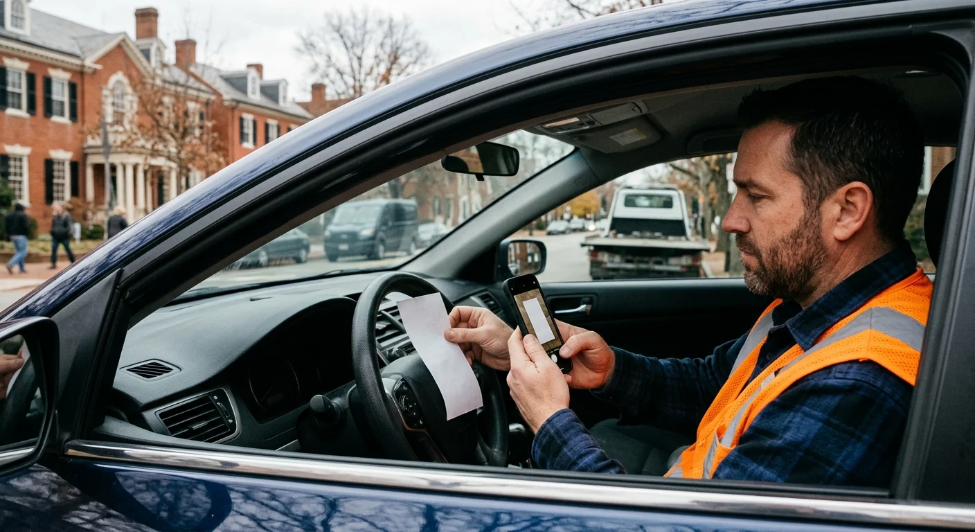 A driver photographing a blank paper receipt on the steering wheel in Richmond