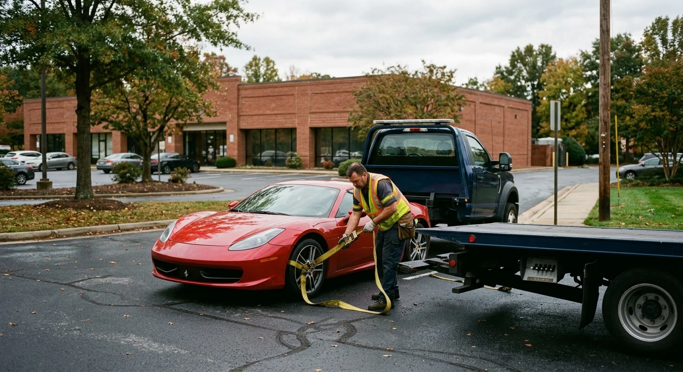 Low exotic car beside an unmarked flatbed in a Midlothian parking area