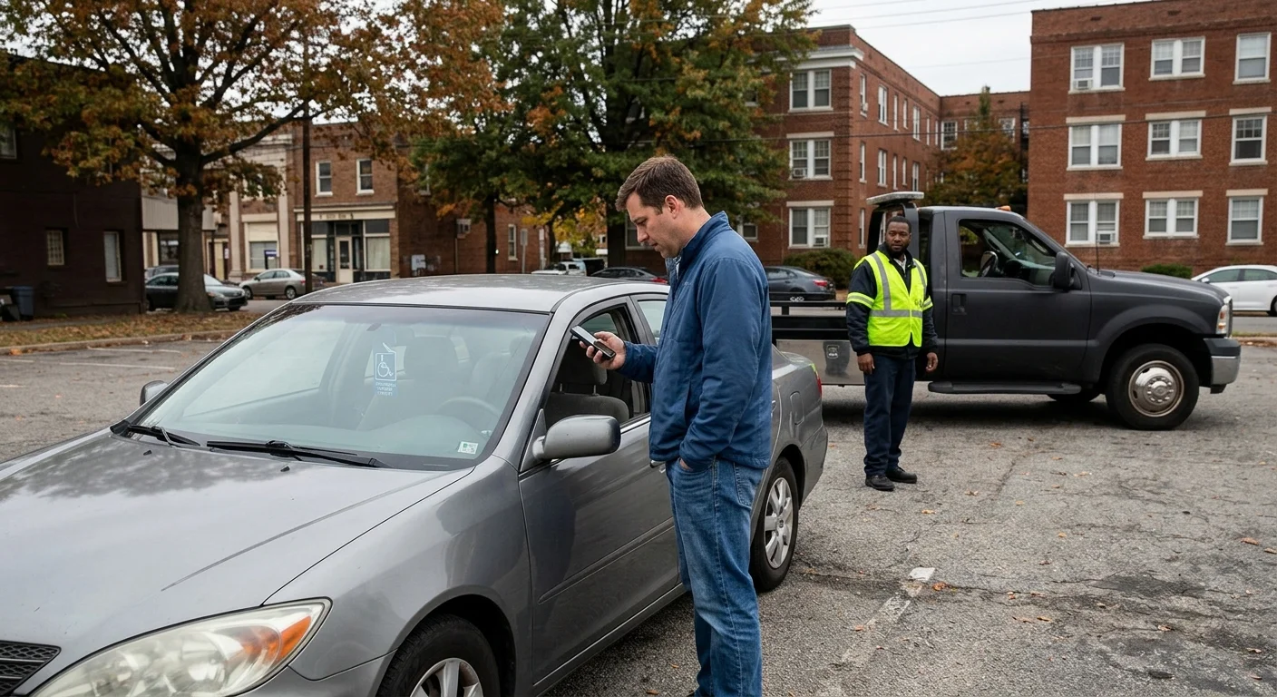 Driver reviewing a phone beside a disabled sedan in a Richmond parking lot