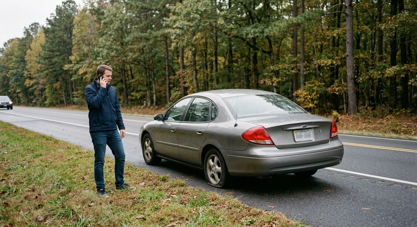 Sedan with a flat tire in a paved pull-off beside Richmond-area woods