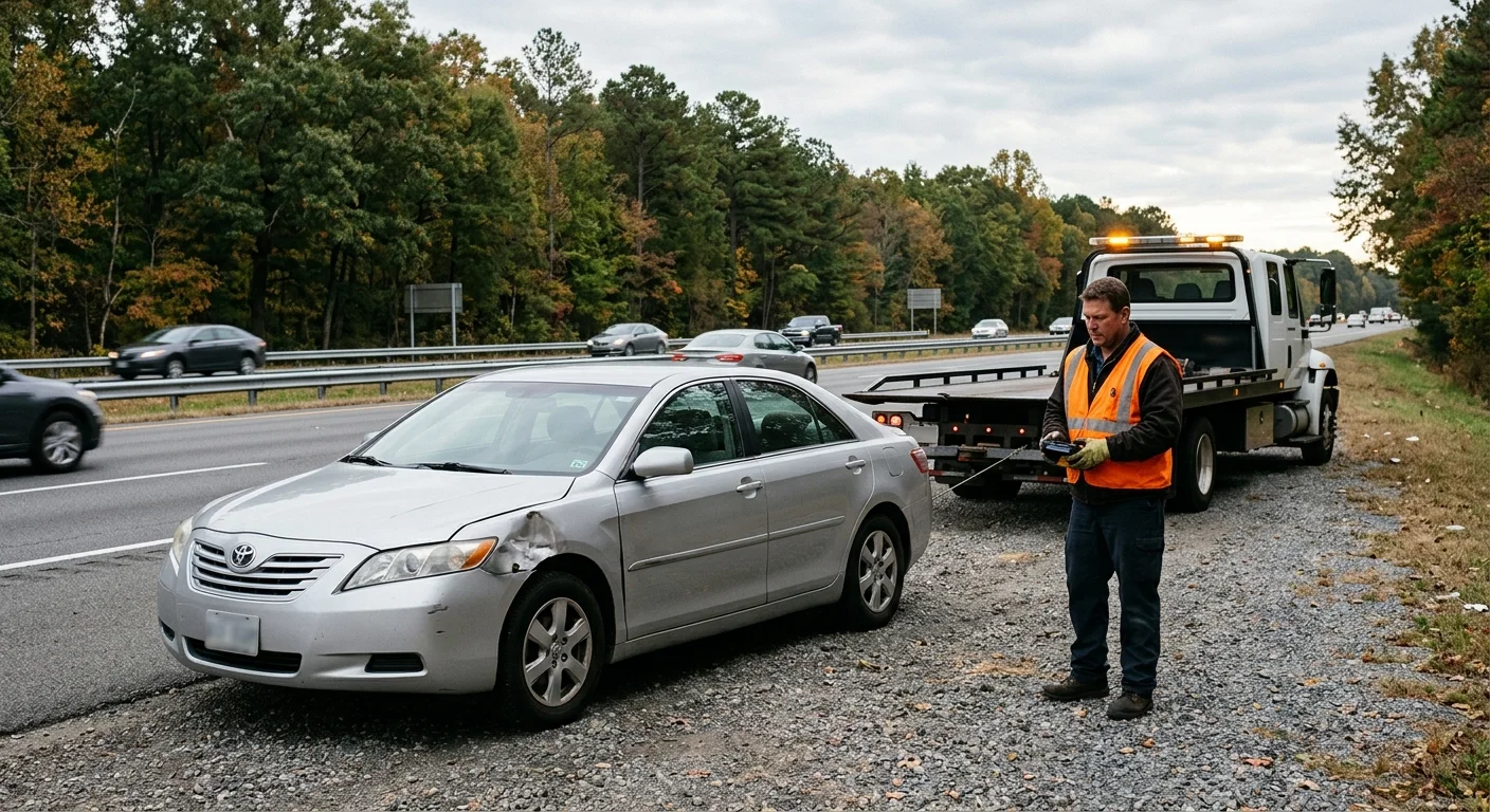 Damaged sedan beside I-295 near Glen Allen with a recovery vehicle nearby