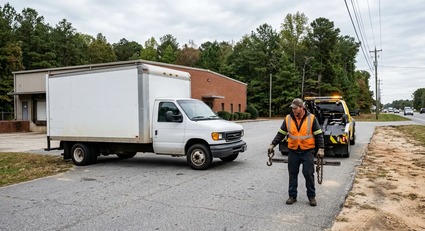 Disabled delivery truck and heavy towing vehicle in Sandston
