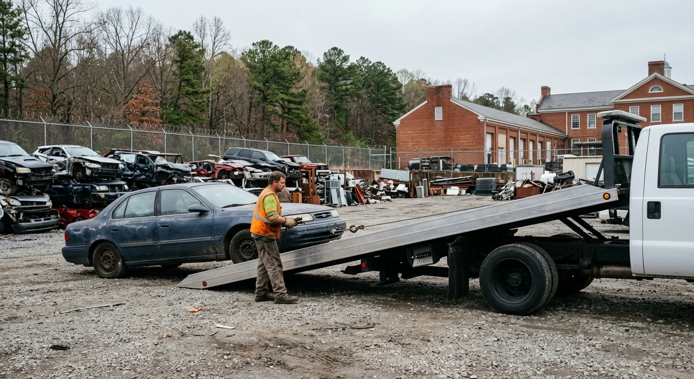 A non-running sedan being winched onto a flatbed truck at a Virginia salvage yard