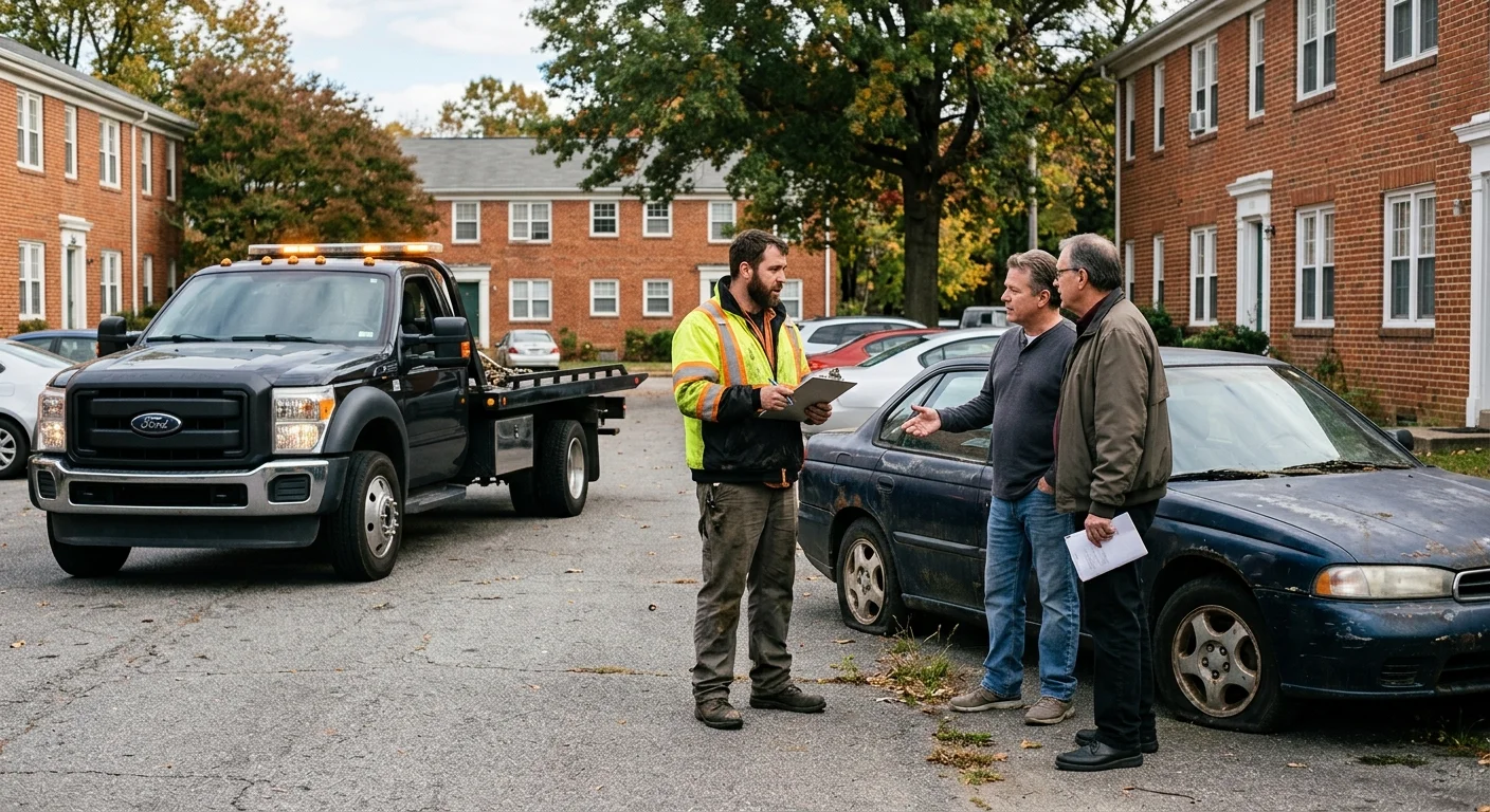 Resident and property manager beside a non-running sedan in a Richmond apartment lot