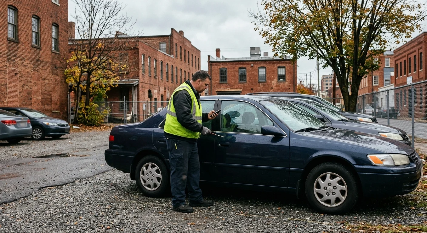 Driver standing beside a locked sedan in a Richmond parking area