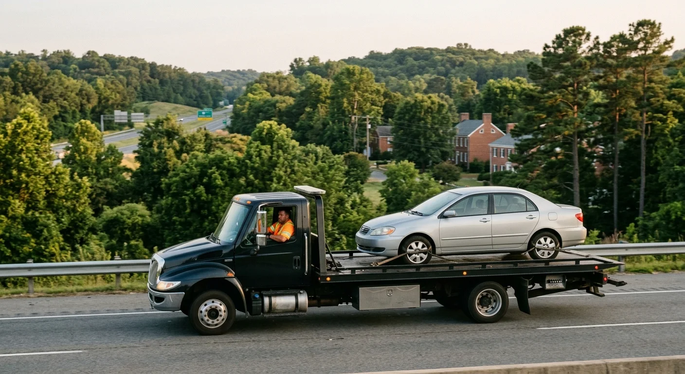 A flatbed tow truck carrying one car on a rural Virginia interstate at golden hour