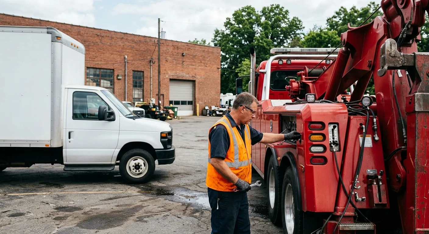 White box truck beside a heavy-duty wrecker in a paved Richmond staging yard