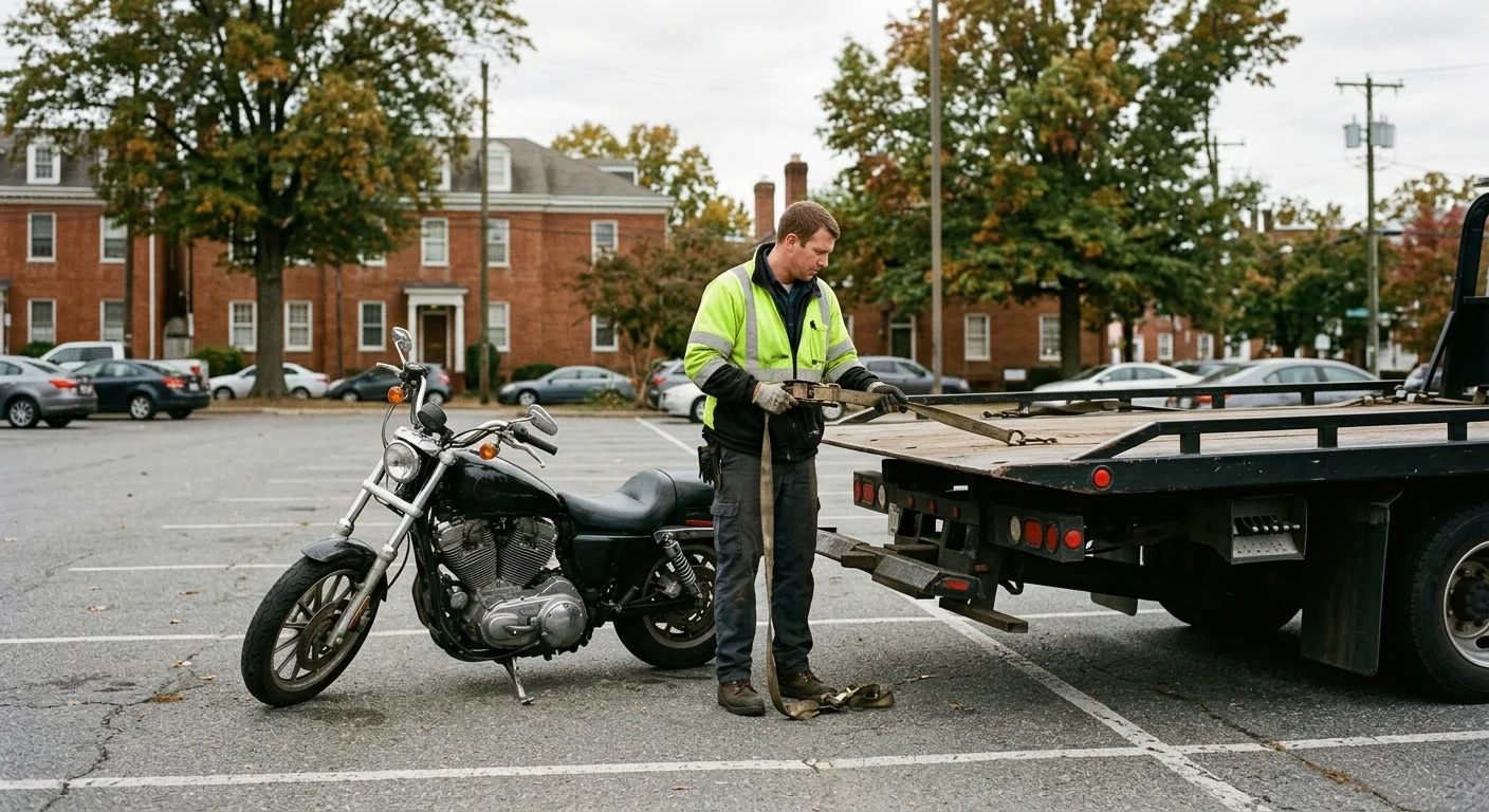Operator inspecting a disabled motorcycle beside an unmarked flatbed in Richmond