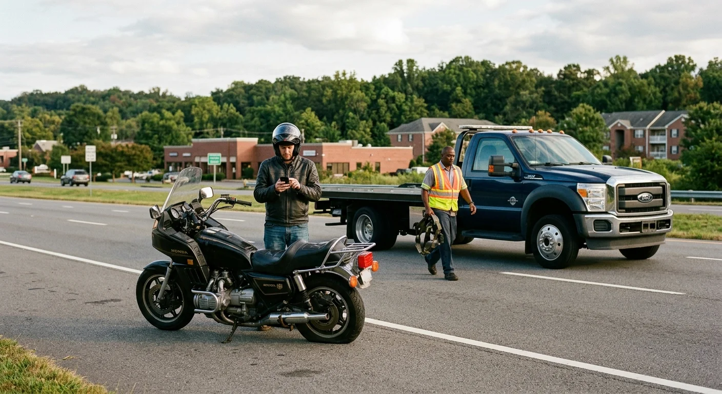 Motorcycle with a flat rear tire parked beyond a Richmond travel lane