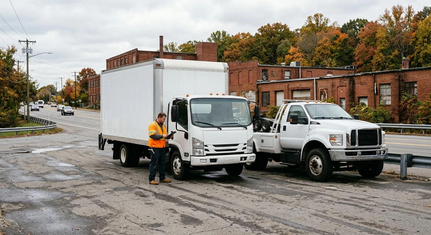 Unmarked moving truck parked beside a recovery vehicle near Richmond brick buildings and trees