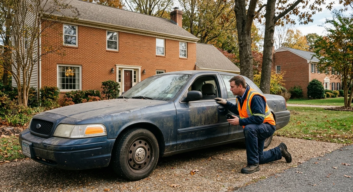 Weathered sedan in a Chesterfield driveway beside a red-brick home
