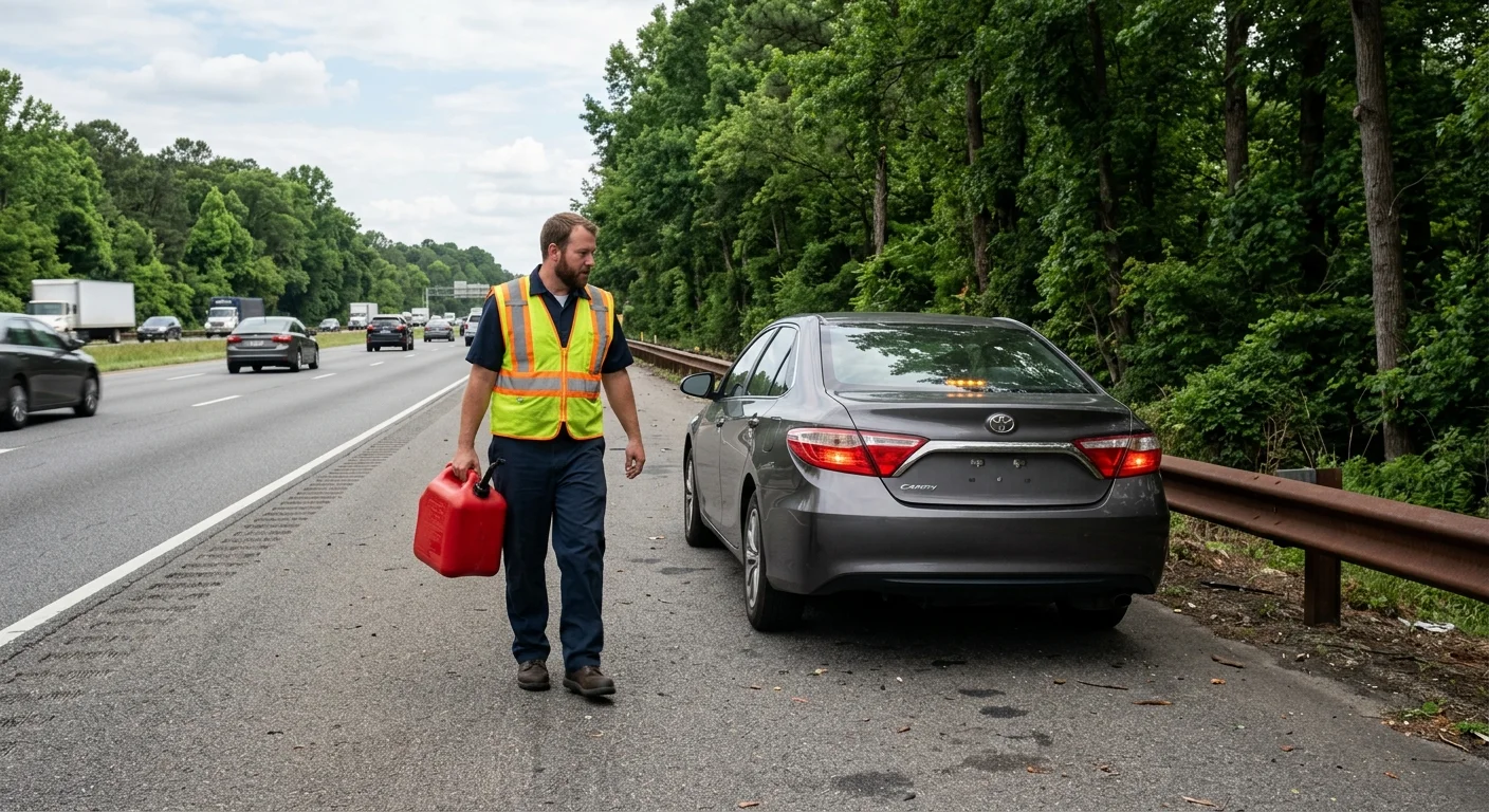 Tow operator carrying fuel toward a sedan on a Virginia interstate shoulder