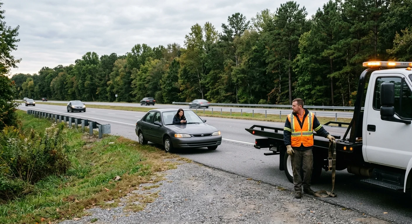 Disabled sedan beside a wooded road in Chester, Virginia