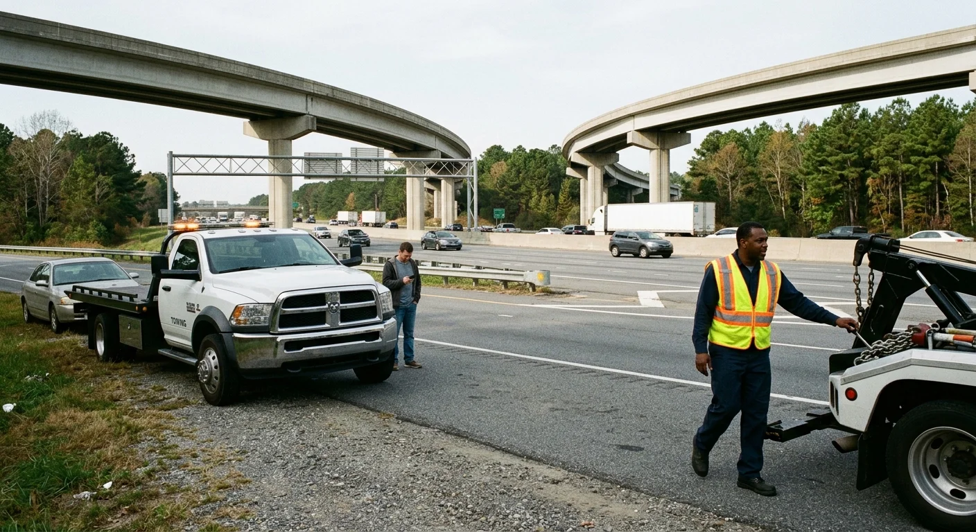 Disabled sedan beside elevated interstate ramps near Petersburg