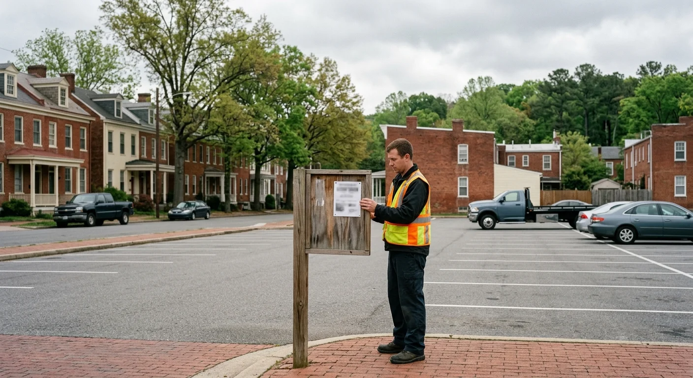 A person reading a posted notice at the entrance of a Richmond parking lot