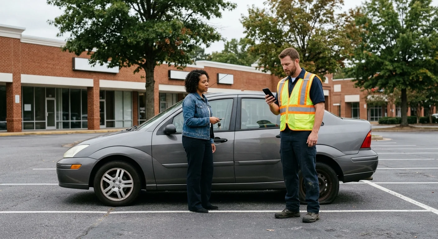 Two adults checking a phone beside a disabled car in a Richmond parking lot
