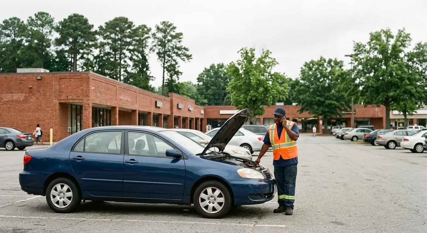 Driver calling for roadside help beside a car with its hood open in Richmond