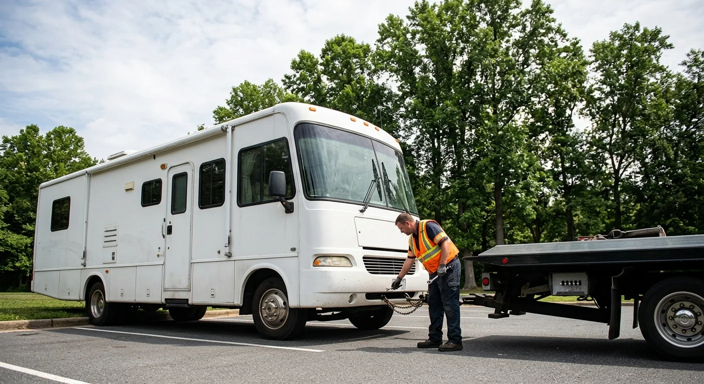 Tow operator inspecting a motorhome beside a heavy tow truck