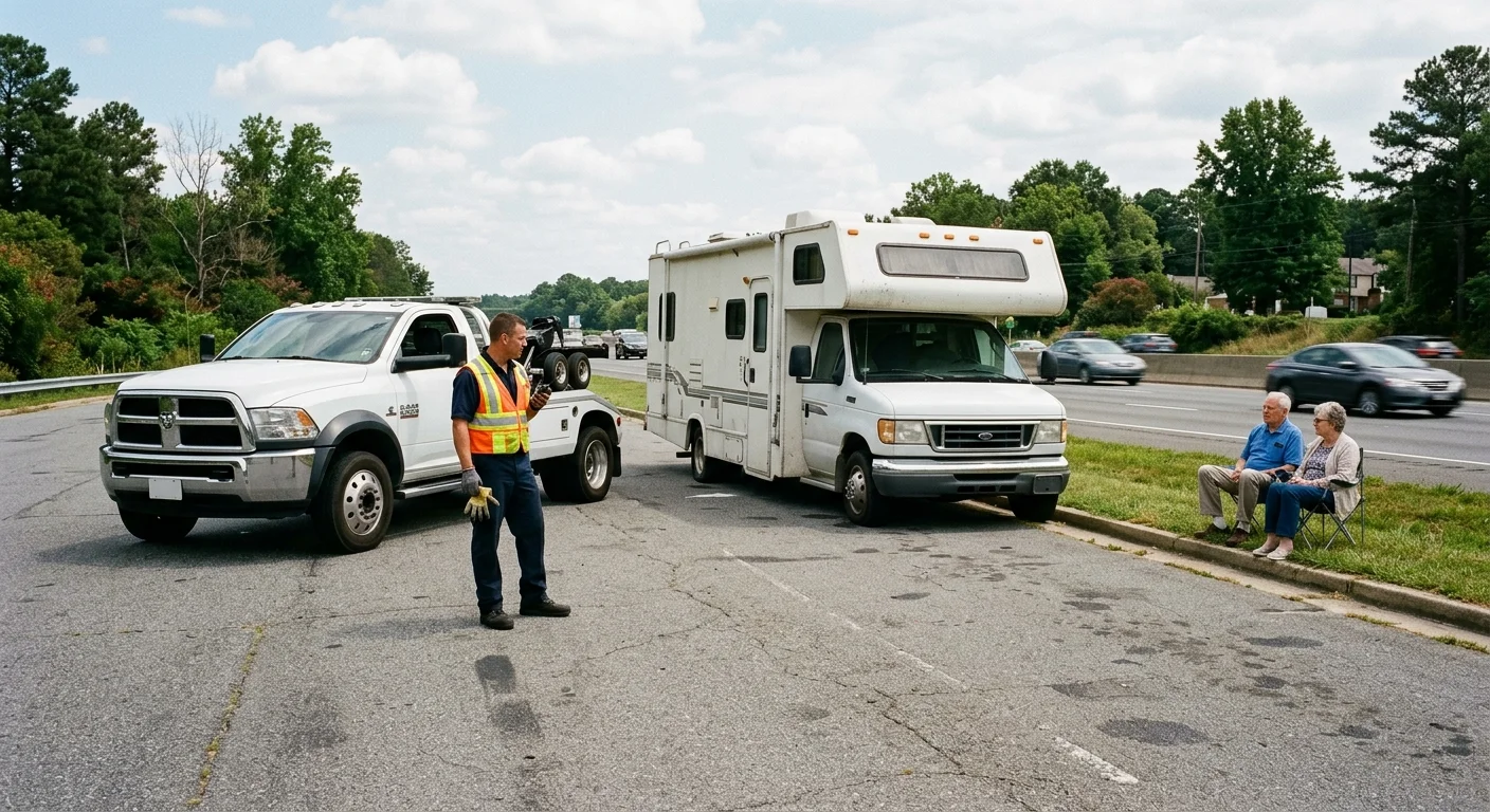 Motorhome with a deflated tire parked off a Richmond-area roadway while people wait away from traffic