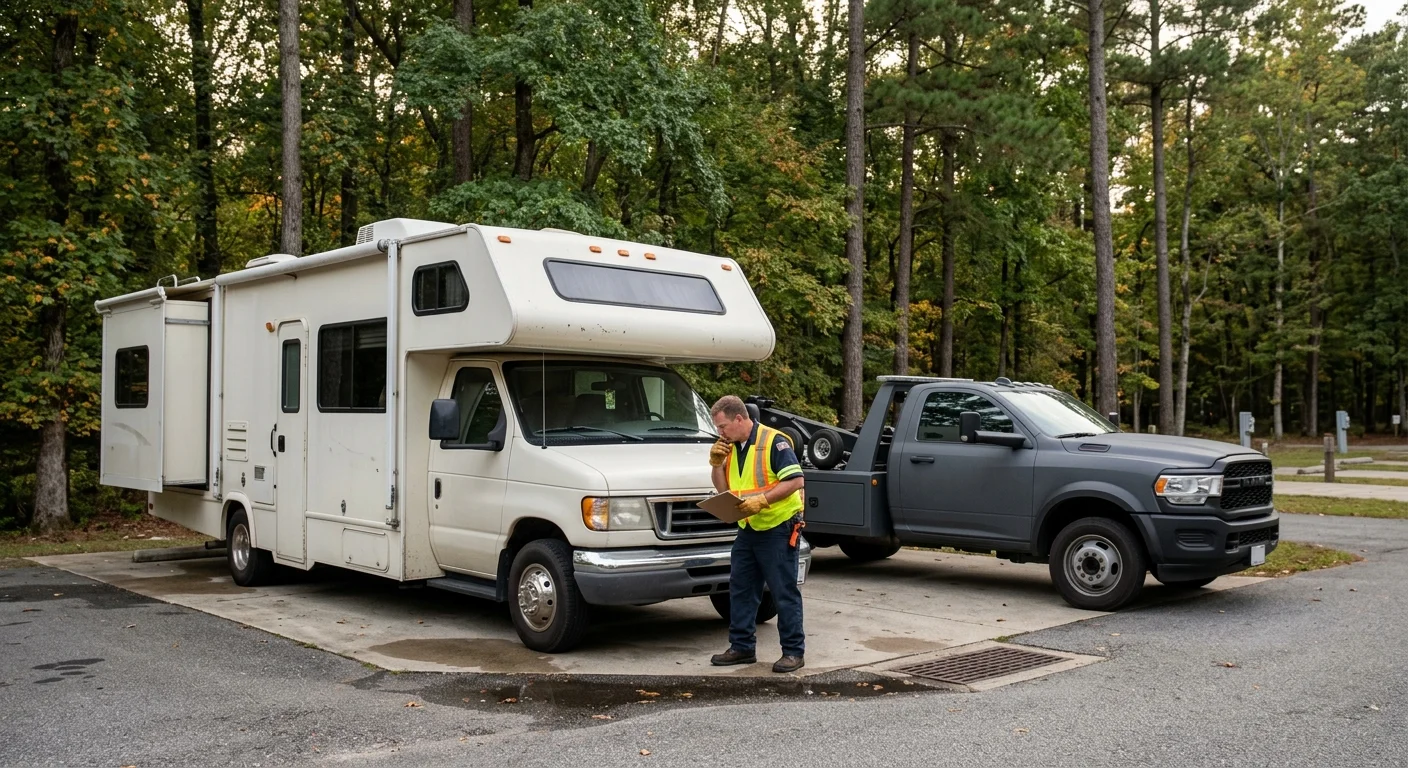 Motorhome with an extended slide-out beside an unmarked towing vehicle