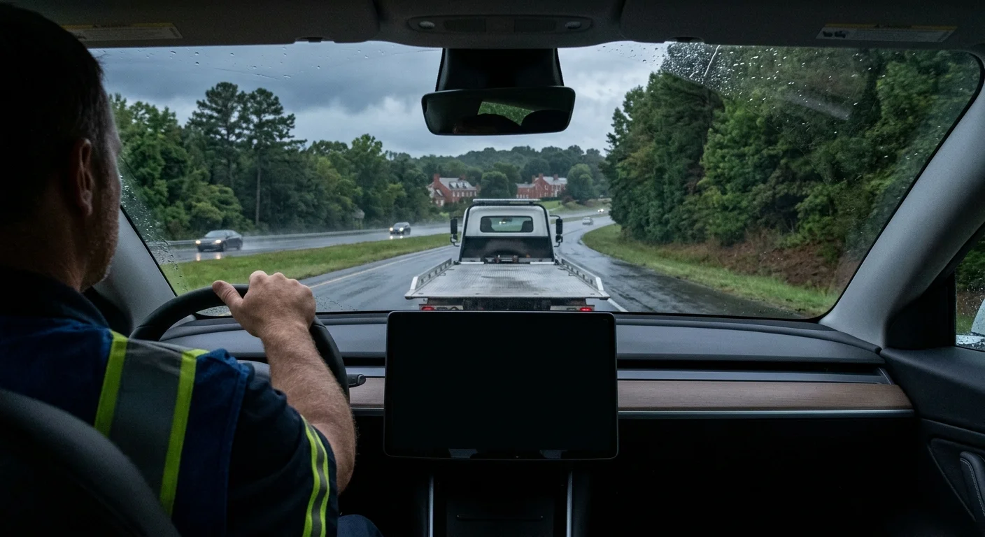 A driver in an electric car on a Virginia shoulder at dusk