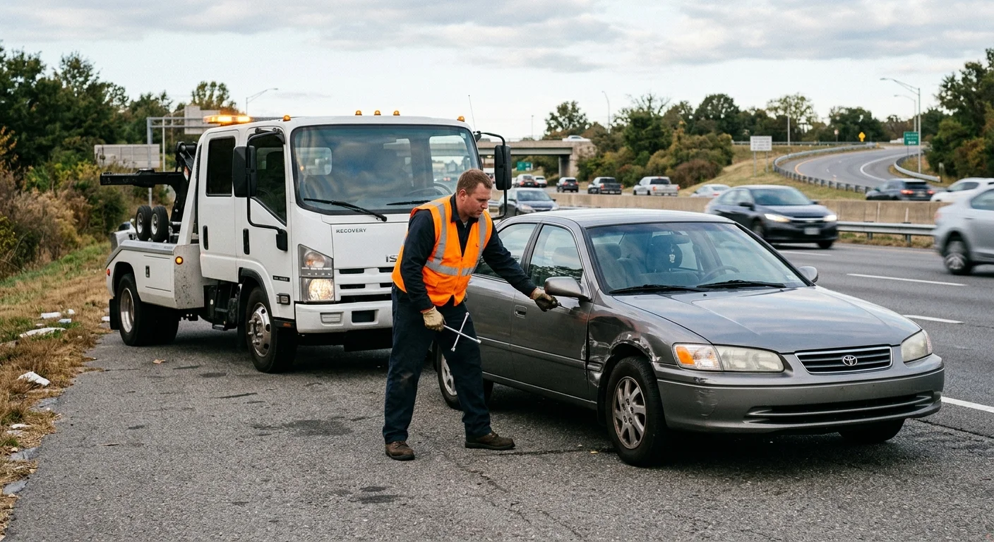 Operator assessing a crash-damaged sedan beside a recovery vehicle