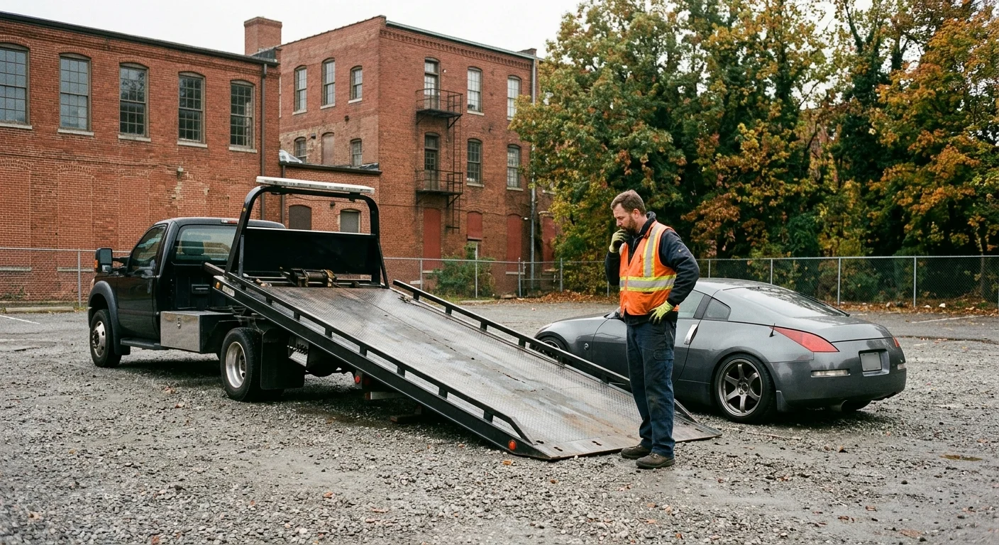 Operator inspecting a lowered car beside a flatbed in a Richmond parking lot