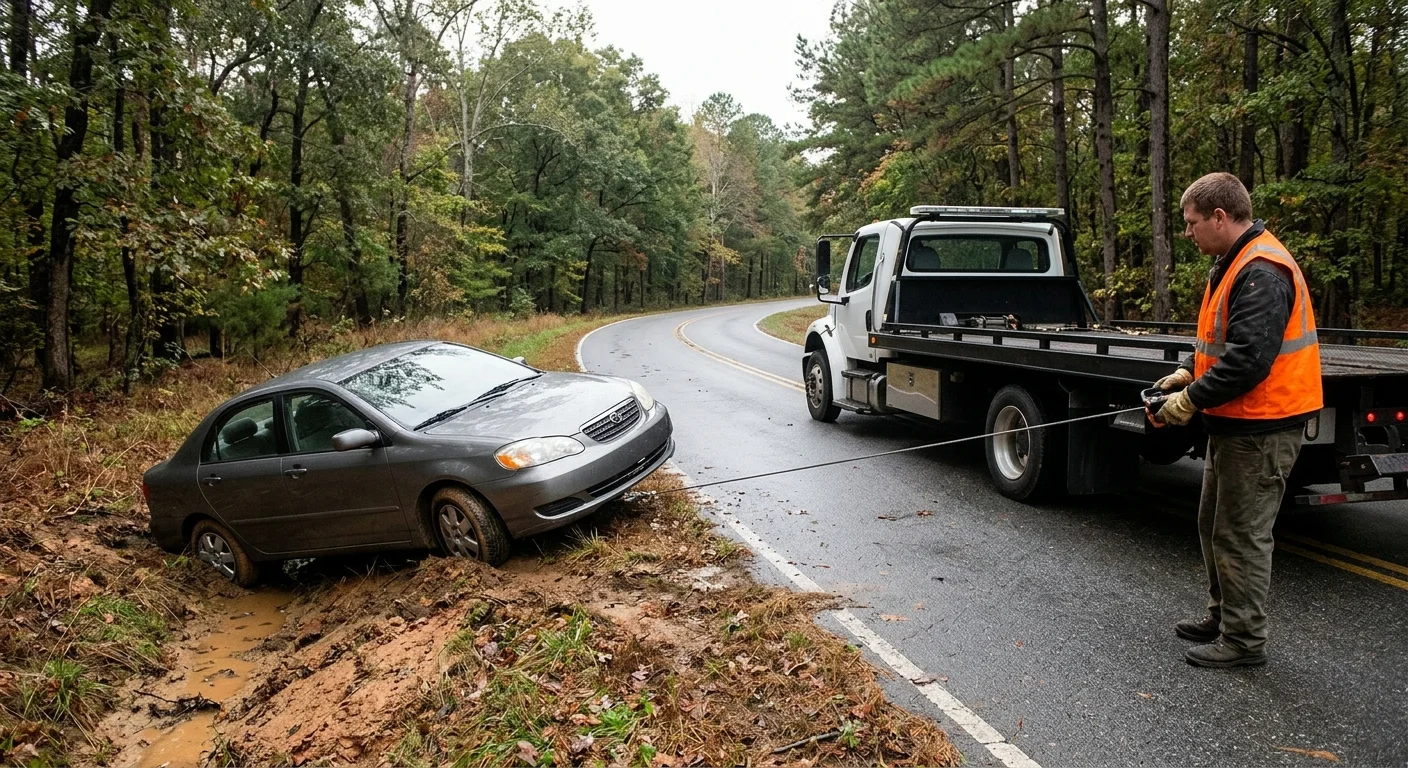 Sedan partly in a muddy ditch beside a rural Goochland road