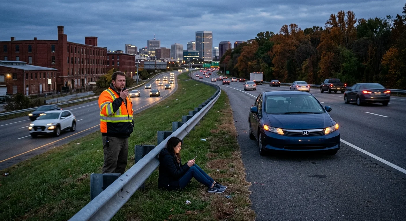 Driver waiting behind a guardrail beside a disabled sedan on a Richmond interstate shoulder
