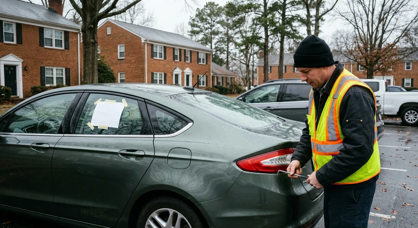 A blank paper notice taped to the rear window of a car in a Virginia apartment lot