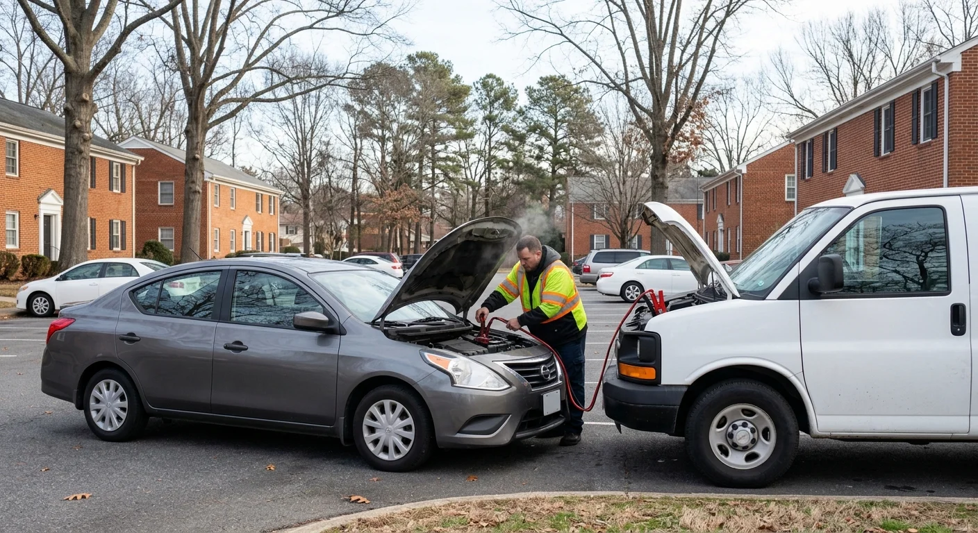 Jumper cables clamped to a car battery in a Richmond apartment parking lot on a winter morning