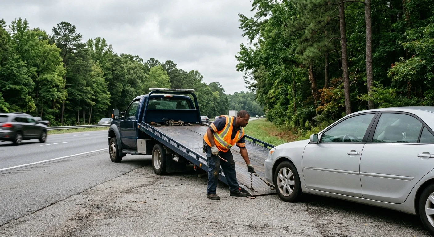 Sedan behind an unmarked flatbed tow vehicle near Chester, Virginia