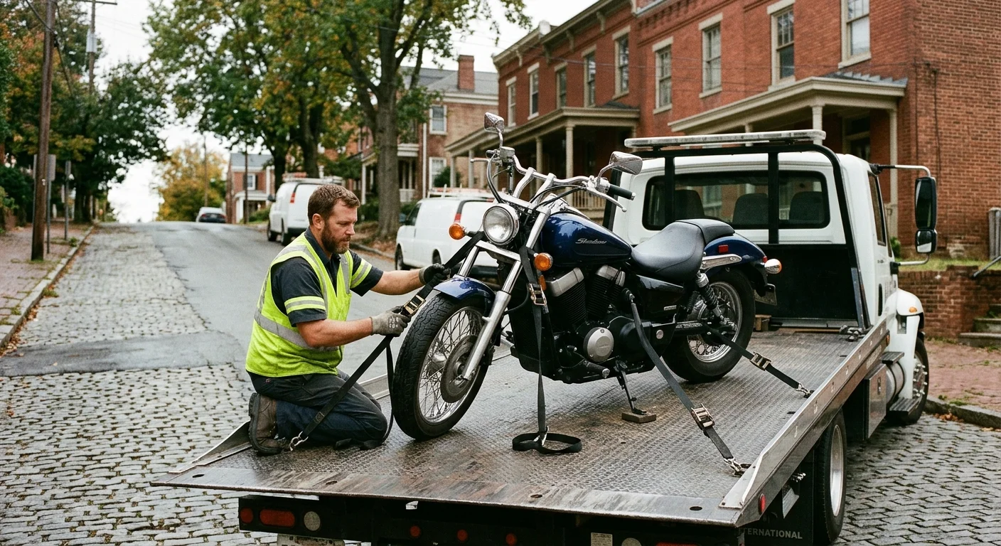 Motorcycle secured upright on a flatbed in Richmond